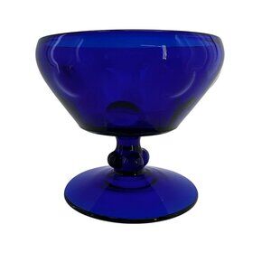 Vtg Colbalt Blue Coin Dot Champagne Coupe  Dessert Bowl Footed MCM 3 1/2 In x 3